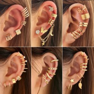 Pendientes de Clip de hojas de Color dorado y plateado para mujer, aretes creativos simples con forma de mariposa C, conjunto de Clips para la oreja sin perforación, joyería de moda