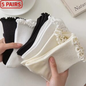 Calcetines tobilleros de algodón con volantes para mujer, medias cortas de tubo medio, transpirables, color blanco y negro, para primavera y otoño, lote de 5 pares