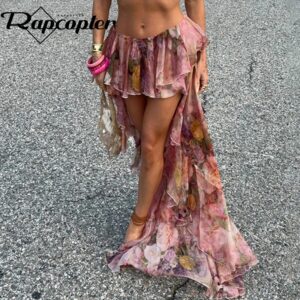 Rapcopter-faldas largas con estampado Floral para mujer, faldas con volantes, Estilo Vintage, para vacaciones y playa, estilo bohemio, Grunge, para fiesta, novedad