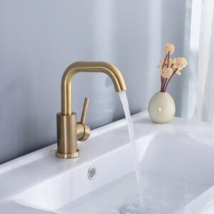 Grifo de lavabo de baño de Oro pulido, mezclador de fregadero frío y caliente, de un solo Mango, montado en cubierta