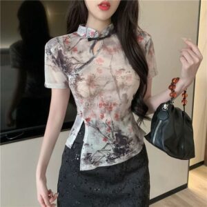 Qipao fino de estilo chino para chica, blusa de gasa con estampado de flor de ciruelo de tinta exquisita, arte retro de literatura, novedad de 2024