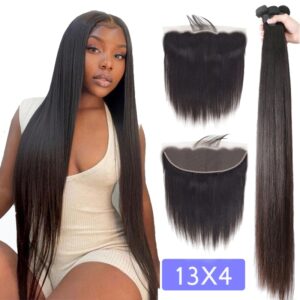 Mechones de cabello liso brasileño con Frontal, 30, 32, 34, 36 pulgadas, cabello humano con encaje Frontal transparente de oreja a oreja, 13x4
