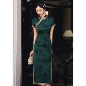 Cheongsam chino Vintage para mujer, vestido largo, ajustado, verde oscuro, Retro, mejorado, ropa tradicional