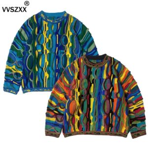 Suéter de punto a rayas para hombre, suéter de empalme colorido, moda de estilo étnico, industria pesada