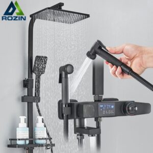 Rozin-Juego de grifo de ducha termostático inteligente para baño, mezclador Digital de lluvia inteligente con estante y sistema de bidé, color negro