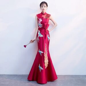 Vestido de noche sin mangas para mujer, Qipao Vintage bordado de Fénix, elegante, chino, novia, boda, cola de pez, Cheongsam, S-2XL