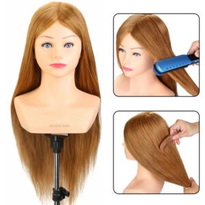 Cabeza de maniquí con hombro para práctica de trenzado de peluquería, Kit de cabeza de entrenamiento de Cabello 100% Real, 24"