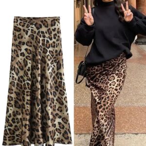 TRAFZA-falda con estampado de leopardo para mujer, faldas Midi Vintage de cintura alta, ropa de calle informal elegante para verano, 2024