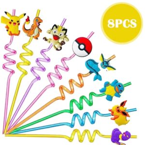 Pajitas de Pokémon de dibujos animados para niños, 8 piezas, Pikachu, tema reutilizable, Decoración de cumpleaños, suministros para fiestas, juguetes para Baby Shower