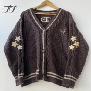 Cárdigan con bordado de letras para mujer, cárdigan de punto marrón oscuro con estrellas, suéteres de manga larga, Tops de otoño e invierno