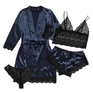 Pijama Sexy de satén para mujer, ropa interior con tirantes de seda de encaje, Tops, pantalones cortos, bata, camisón, traje de camisón, negro, 4 piezas