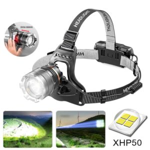 Lámpara de cabeza con sensor LED XHP50, luz de cabeza impermeable, linterna con zoom para pesca y búsqueda de camping