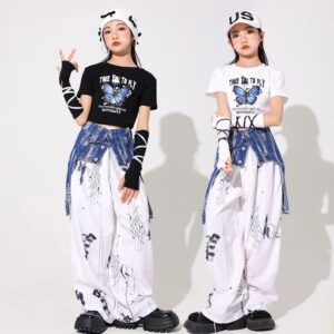 Conjunto de ropa de Hip Hop para niñas, traje de baile de Jazz, Tops blancos, pantalones, traje de actuación, ropa Kpop, trajes de escenario de concierto