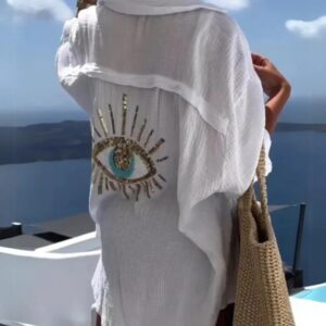 Camisa informal con cuentas y lentejuelas para mujer, blusa Vintage de manga larga con botones y cuello vuelto, Tops geométricos a la moda para primavera y verano, 2024