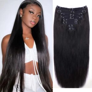 Extensiones de cabello humano con Clip, cabello virgen brasileño, Natural, liso, sin costuras, Clip Invisible ins 1B