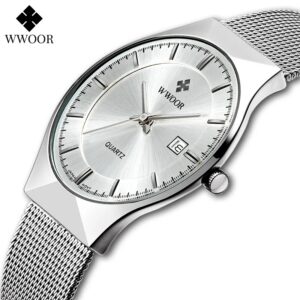 WWOOR-Reloj de pulsera de cuarzo ultradelgado para hombre, cronógrafo de plata con malla de acero, marca superior de lujo, resistente al agua, con fecha, para negocios