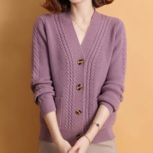 Cárdigan de punto con cuello en V para mujer, suéteres retorcidos de manga larga simples, cárdigans de botonadura única que combinan con todo, Otoño e Invierno