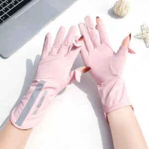 Guantes de protección solar para mujer, seda de hielo fina, antiultravioleta, dedo de rocío, pantalla táctil, conducción, conducción, antideslizante, transpirable, UPF 50, Verano