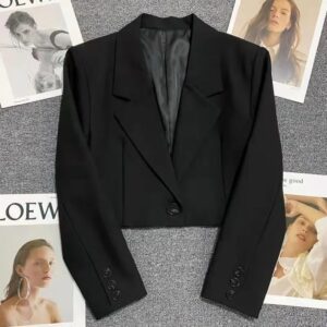 Xpqbb-Chaqueta corta negra para mujer, Chaqueta corta con cuello con muescas que combina con todo, abrigo de traje coreano elegante con un solo botón, tendencia 2024