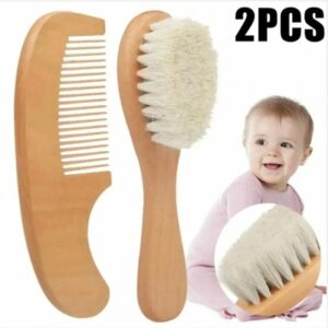 Juego de 2 peines piezas para bebé, cepillo para el cuidado del cabello de haya, peine de madera de lana suave, masajeador para recién nacido, regalo para Baby Shower, calmante para el cabello de bebé