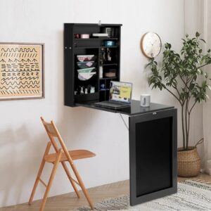 Costway Mesa Compacta Plegable Montada a la Pared Escritorio para Ordenador Convertible con Pizarra Repisa Regulable Negro 87 x 60 x 150 cm