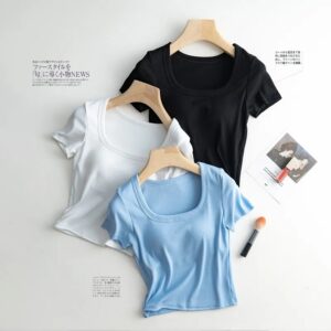 Camiseta de algodón con copa de almohadilla para mujer, sujetador informal Sexy de manga corta, Camiseta deportiva sin mangas con cuello en U, 2023