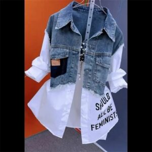 Dos camisas vaqueras falsas para mujer, Top a rayas con letras cosidas, versión coreana del Joker de estilo occidental informal, principios de primavera, 2024