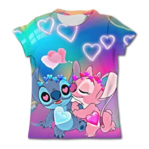 Camisetas de Disney Stitch para niñas, ropa informal de manga corta con dibujos animados, camiseta con corazón, camisetas suaves para niños