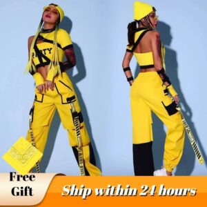 Traje de bailarina de Jazz para mujer, Ropa de baile de Hip Hop, disfraz de animadora Unidorm, pantalones Cargo amarillos, Tops cortos, ropa de Club DJ DS DL8188