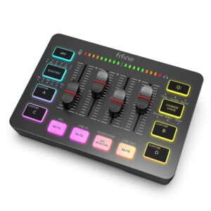 FIFINE mezclador de Audio para juegos, mezclador de transmisión de 4 canales RGB con interfaz de micrófono XLR, para voz de juego, Podcast,AmpliGame SC3