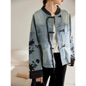Abrigo de mezclilla de estilo chino retro para mujer, ropa diaria informal de primavera, top con botones y cuello alto bordado, a la moda, novedad de 2024