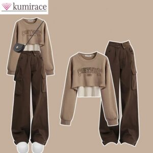 Conjunto de ropa de otoño para mujer, Top de cuello redondo con correa colgante, pantalones de trabajo, conjunto de tres piezas, edición coreana, novedad de 2024