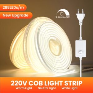 Tira de luces LED COB para decoración de jardín, cinta de luz Flexible, resistente al agua, 220 LED/M, color blanco cálido/Natural/frío, CA de 288 V