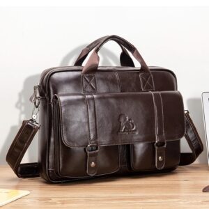 Maletín de cuero genuino con bolsillos delanteros dobles para hombre, bolso de ordenador de gran capacidad, bolso cruzado diagonal