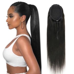Extensiones de cabello humano con cola de caballo recta con Clip en cordón, coletas de cabello brasileño, cabello Remy para mujer, 1 pieza
