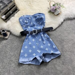 Mono vaquero sin mangas para mujer, traje Sexy con cuello oblicuo para playa y fiesta, moda de verano