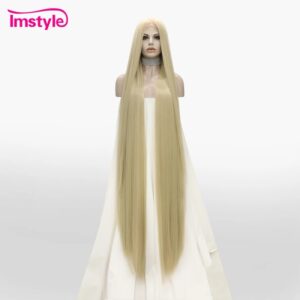Imstyle-peluca sintética con malla frontal para mujer, pelo liso, Rubio, negro, resistente al calor, Cosplay, superlarga, 60 pulgadas