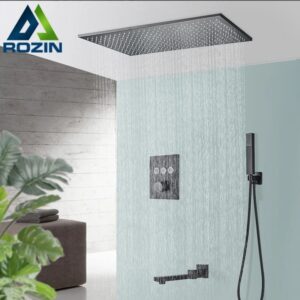 Rozin-grifo de ducha termostático negro mate, instalación oculta, grifos de baño, cabezal de lluvia de techo, grifo mezclador de ducha de gran tamaño
