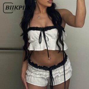 BIIKPIIK-Conjunto de pantalones cortos de encaje para mujer, camiseta sin mangas con lazo y Mini Pantalones cortos, trajes de dos piezas a la moda, color negro y blanco