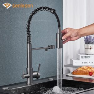 Senlesen-grifo de cocina purificado gris con pistola, montaje en cubierta, mezclador de agua fría y caliente, modo de flujo de pulverización de rotación, para filtro de agua potable