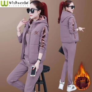 Sudadera con capucha y pantalones de chándal de algodón grueso para mujer, de tres piezas Conjunto elegante, trajes de invierno, novedad