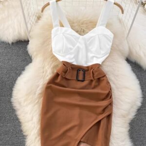 Camisola de moda para Mujer, falda Sexy de retazos de Color de contraste, vestido cruzado Irregular a la cadera, Ropa coreana para oficina