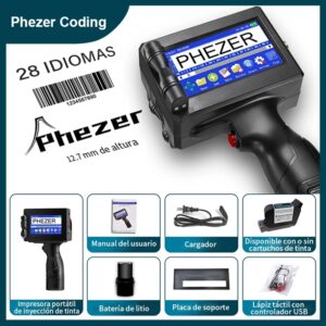 Phezer-impresora de etiquetas P15 de 12,7mm, máquina de inyección de tinta portátil, QR, código de lote, fecha, número, logotipo, fecha de caducidad, 25 idiomas