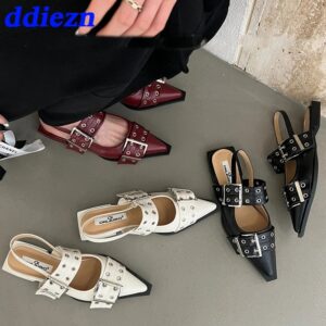 Zapatos planos con hebilla de lujo para mujer, sandalias informales con talón descubierto y punta estrecha, 2024
