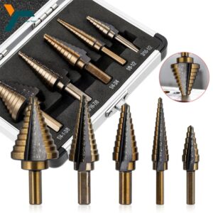 Broca escalonada de 5 piezas, cortador de agujeros de Pagoda de ranura recta, abridor de agujeros de cono de Metal de 3/16 "1/2" 1/4 "3/4" 1-3/8 "7/8" 1/8"