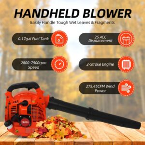 Soplador de hojas alimentado por Gas, motor de 2 tiempos, 25,4 CC, 275,45 CFM, volumen de aire, tanque de aceite de 0,65 L, soplador de mano, potente soplador de viento y nieve