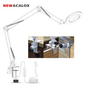 NEWACALOX-lupa de soldadura 5X, lámpara LED de escritorio de mesa, mango plegable de tres secciones, luz de reparación de uñas, iluminación de lectura